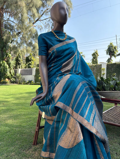 Ardha Chandra Teal Blue Raw Silk Saree
