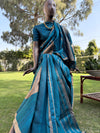 Ardha Chandra Teal Blue Raw Silk Saree