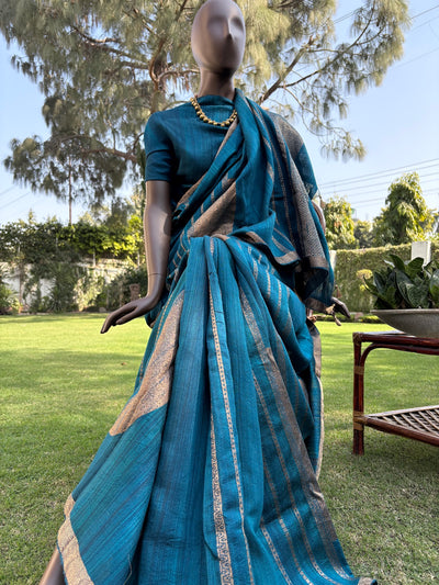 Ardha Chandra Teal Blue Raw Silk Saree