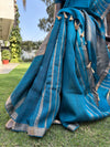 Ardha Chandra Teal Blue Raw Silk Saree