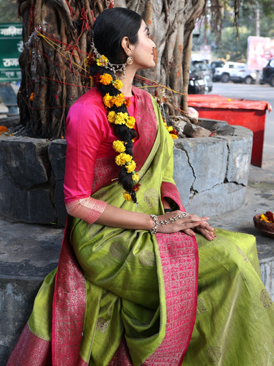 Vasakasajja Lime & Pink Tussar Silk Tissue Saree