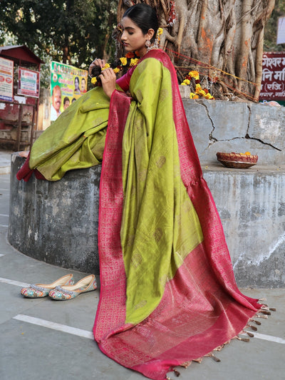 Vasakasajja Lime & Pink Tussar Silk Tissue Saree