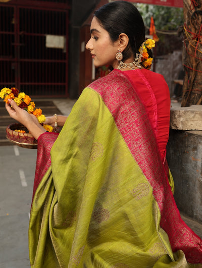 Vasakasajja Lime & Pink Tussar Silk Tissue Saree