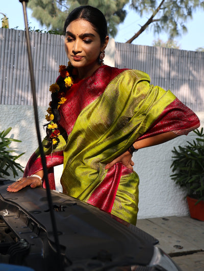 Vasakasajja Lime & Pink Tussar Silk Tissue Saree