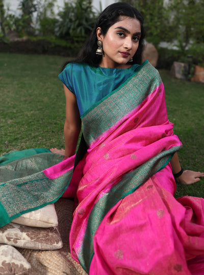 Abhisarika Pink Tussar Silk Tissue Saree