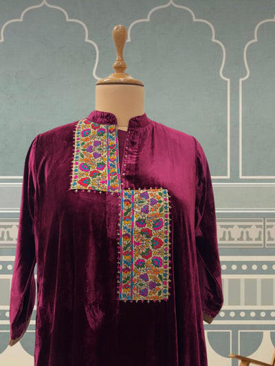Wine Maroon Velvet Kashmiri Kurta
