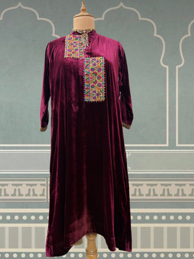 Wine Maroon Velvet Kashmiri Kurta
