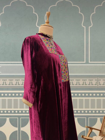 Wine Maroon Velvet Kashmiri Kurta