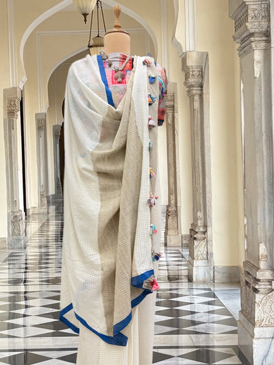 East India White & Blue Cotton Saree