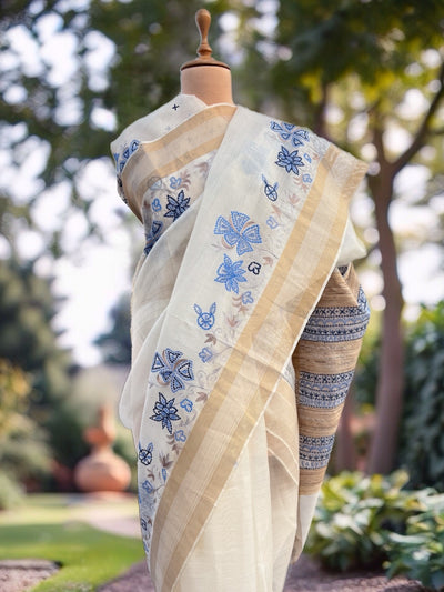 Tivoli White Embroidered Cotton Tussar Saree