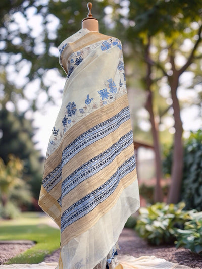 Tivoli White Embroidered Cotton Tussar Saree