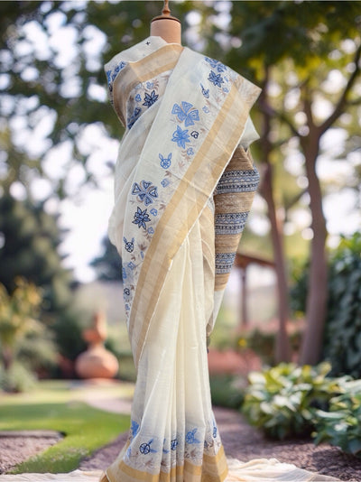 Tivoli White Embroidered Cotton Tussar Saree