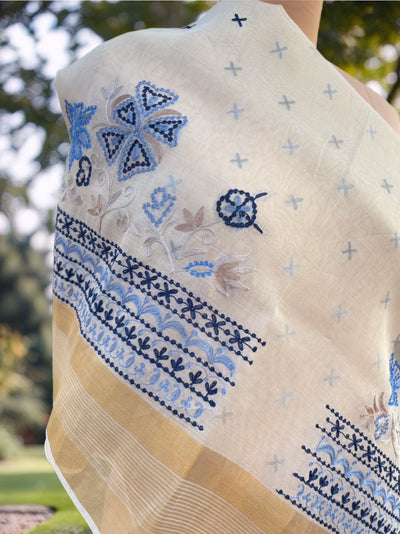 Tivoli White Embroidered Cotton Tussar Saree