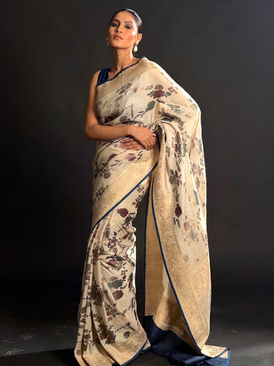 Floating Garden Off White Tussar Georgette Saree