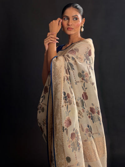 Floating Garden Off White Tussar Georgette Saree