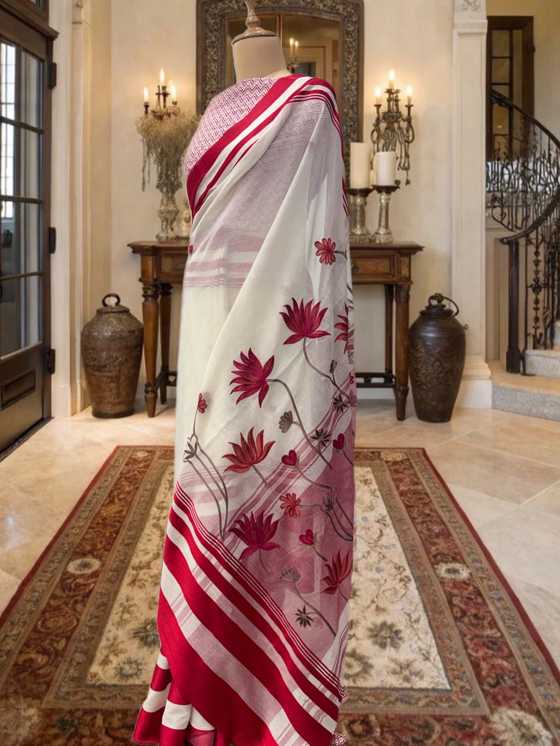 Rimjhim White & Red Embroidered Cotton Saree