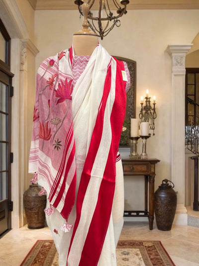 Rimjhim White & Red Embroidered Cotton Saree