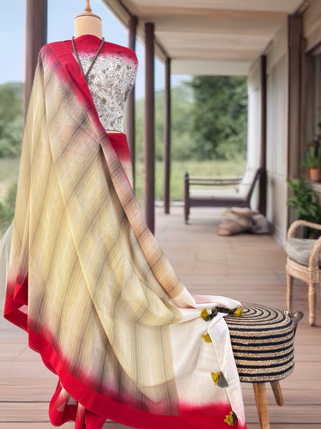 Hawaii White & Red Printed Cotton Saree