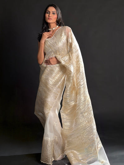 Shimmering White Gold Embroidered Organza Saree