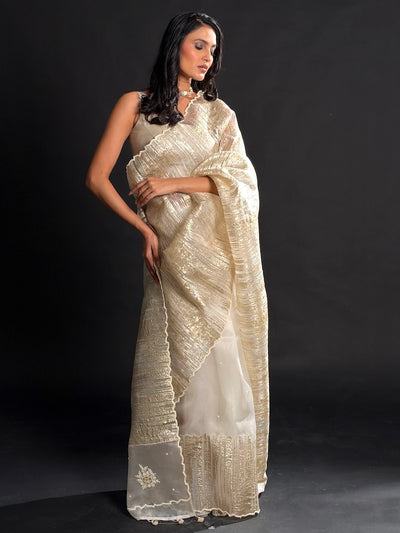 Shimmering White Gold Embroidered Organza Saree