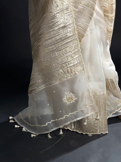 Shimmering White Gold Embroidered Organza Saree