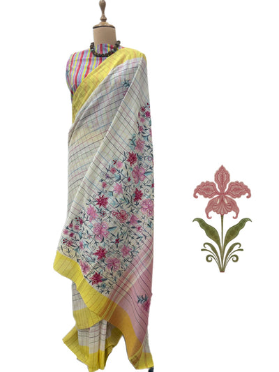 Tivoli White Embroidered Cotton Saree