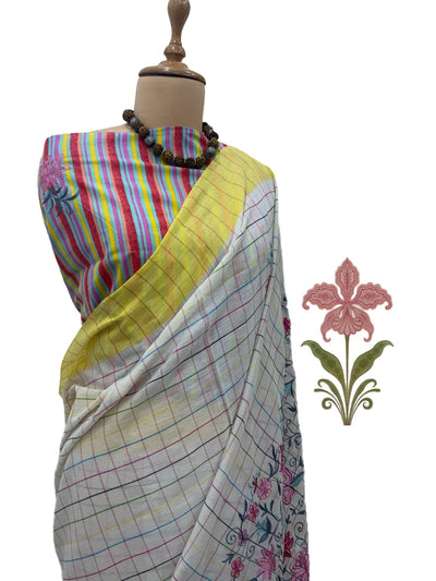 Tivoli White Embroidered Cotton Saree