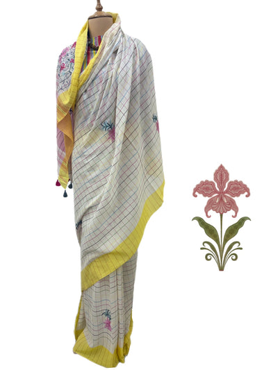 Tivoli White Embroidered Cotton Saree
