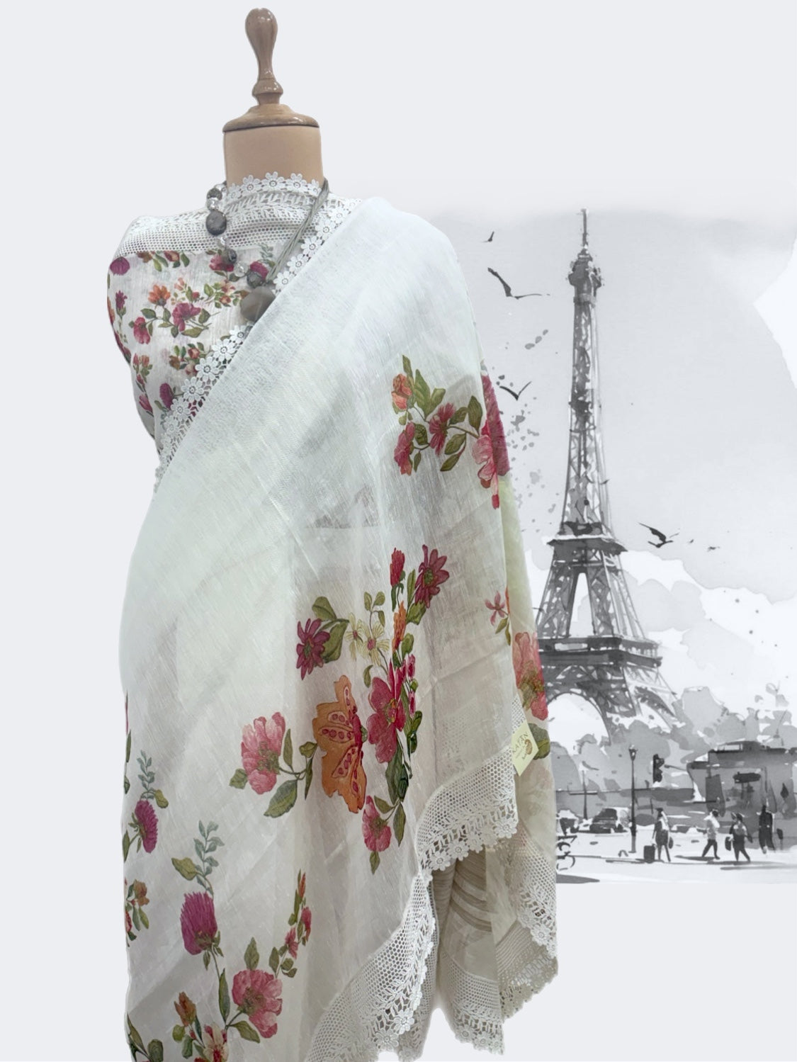 Valley of Flowers White Printed Linen Saree