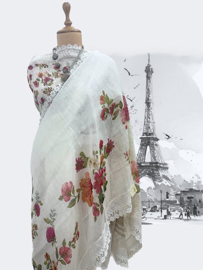 Valley of Flowers White Printed Linen Saree