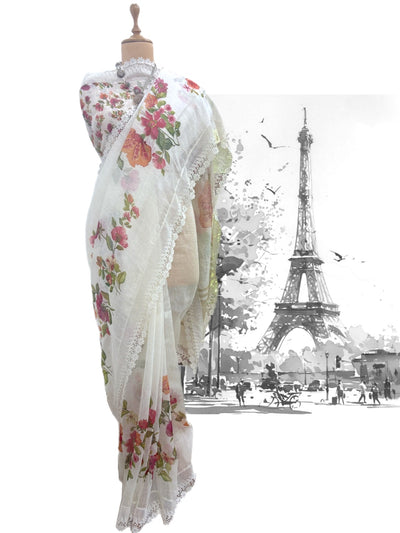 Valley of Flowers White Printed Linen Saree