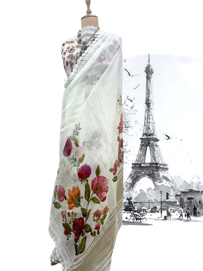 Valley of Flowers White Printed Linen Saree