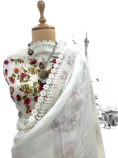 Valley of Flowers White Printed Linen Saree
