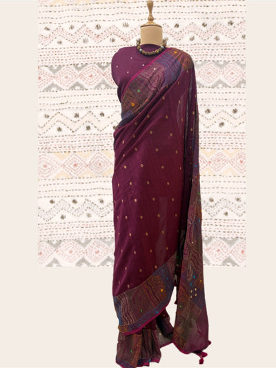 Subansiri Wine Cotton Kantha Saree
