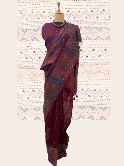 Subansiri Wine Cotton Kantha Saree