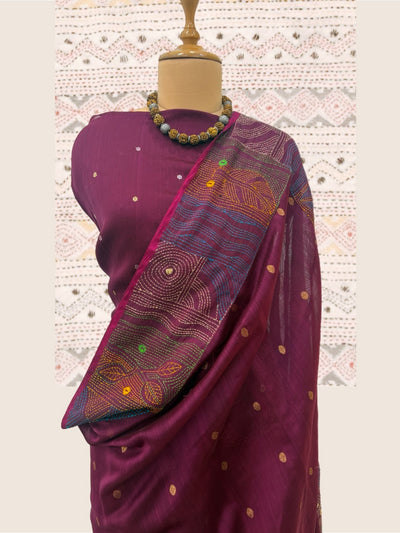 Subansiri Wine Cotton Kantha Saree