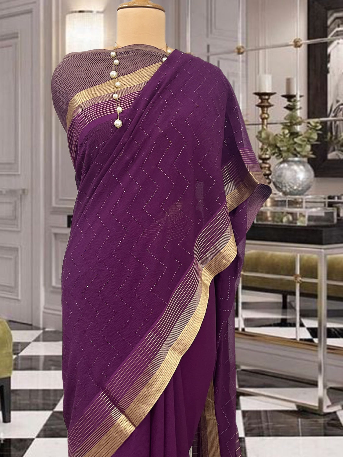 Chloe Wine Swarovski Chiffon Sari