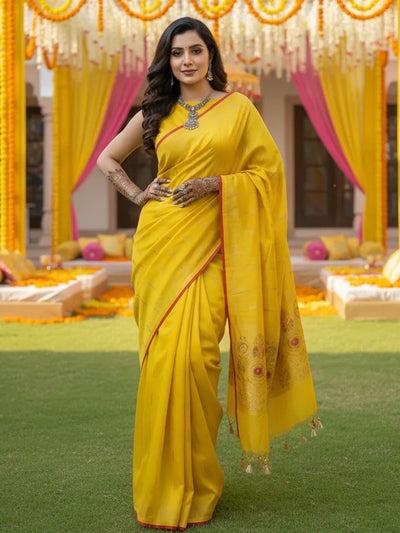 Yellow & Red Cotton Jamdani Saree