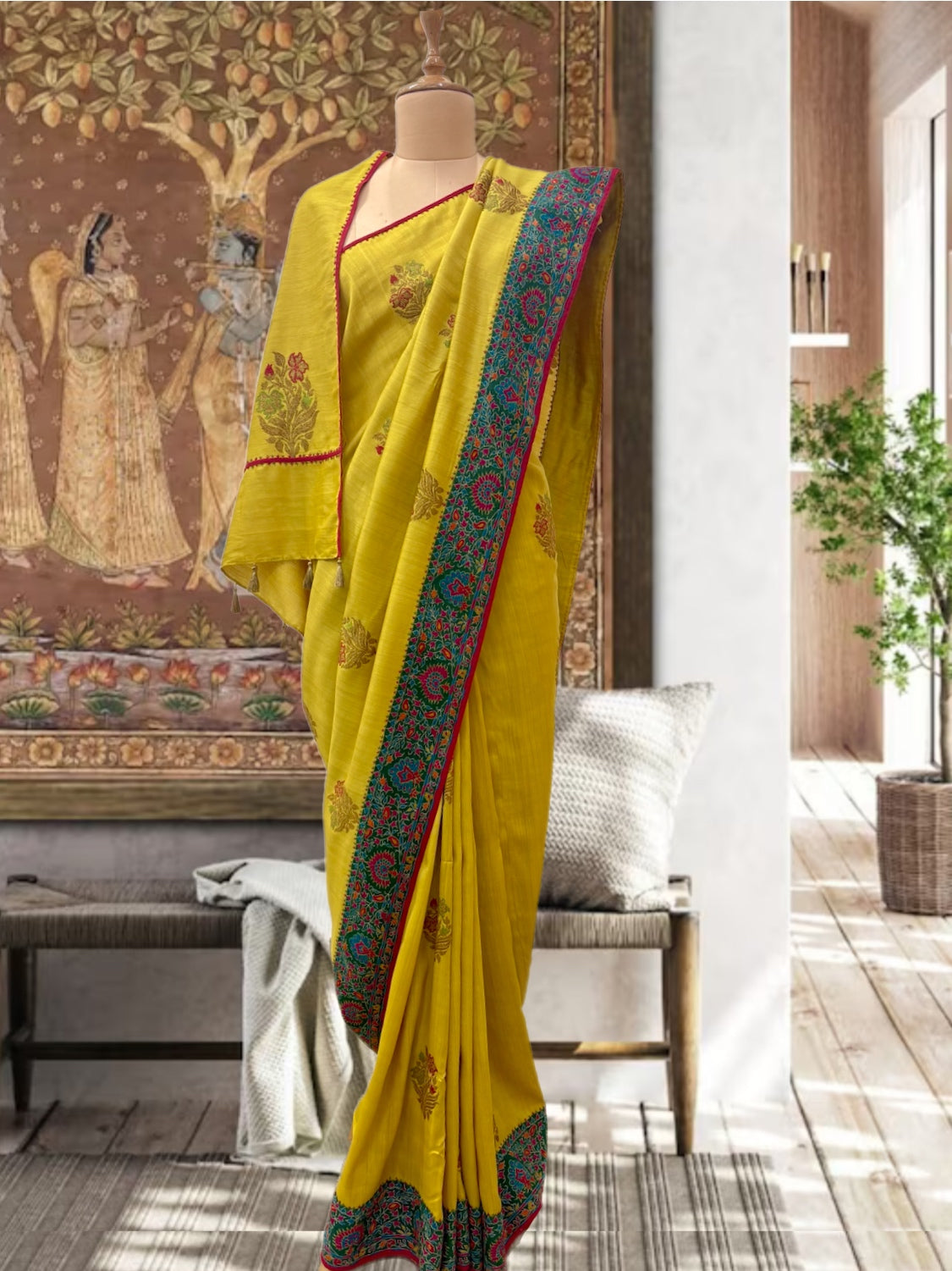 Noorjahan Yellow Kashmiri Jamavar Matka Georgette Saree