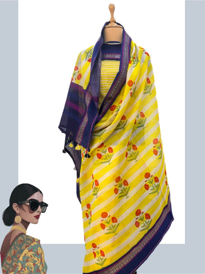 Beau Monde Yellow Printed Cotton Saree