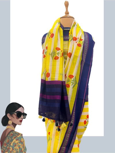 Beau Monde Yellow Printed Cotton Saree
