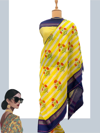 Beau Monde Yellow Printed Cotton Saree
