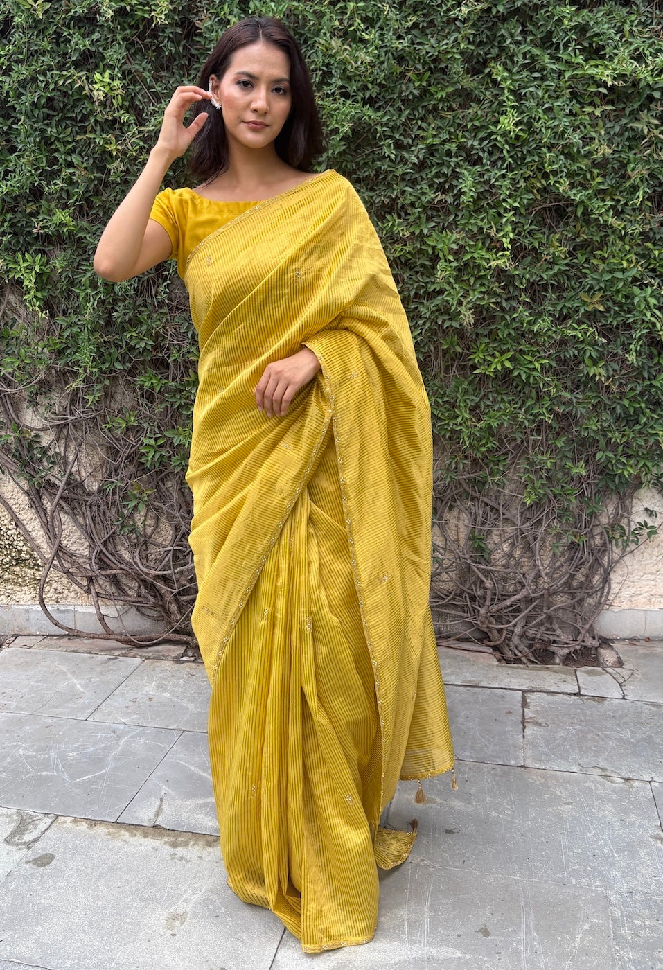 Canary Yellow Embroidered Saree