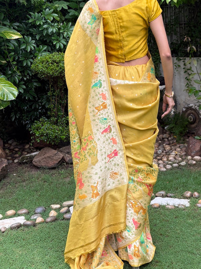 Jhula jhulan Yellow Tussar Georgette Saree