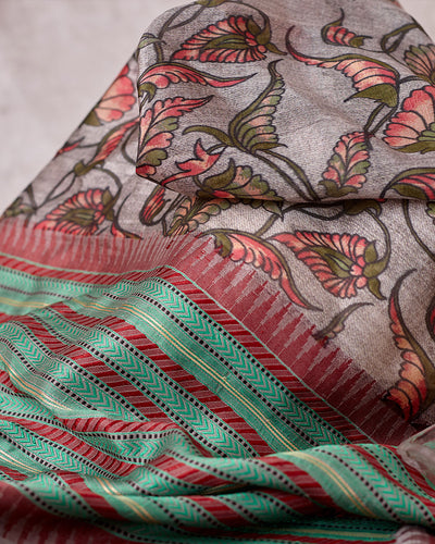 Grey Floral Flourish printed Pune Silk Sari