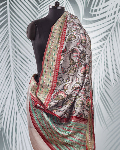 Grey Floral Flourish printed Pune Silk Sari