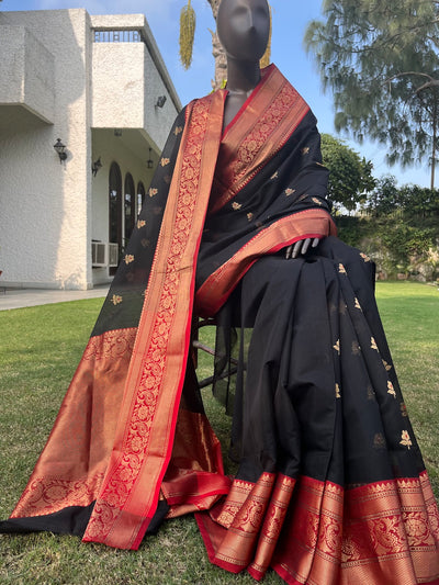 Ahilya Black & Red Cotton Chanderi Saree