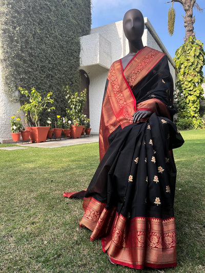 Ahilya Black & Red Cotton Chanderi Saree