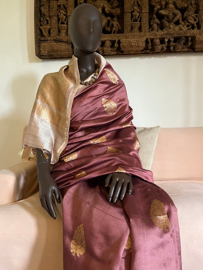 Zuri Brown & Peach Chinya Silk Sari