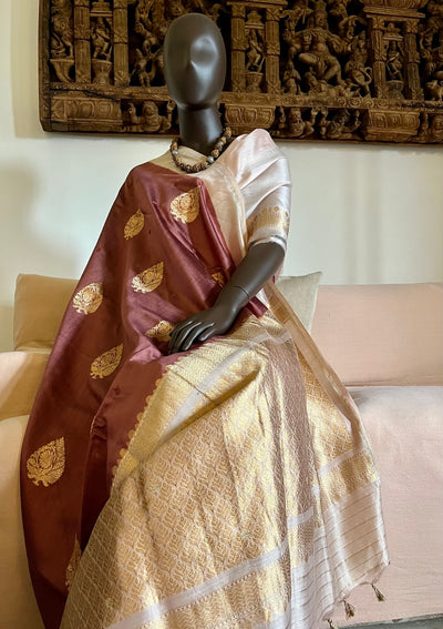 Zuri Brown & Peach Chinya Silk Sari